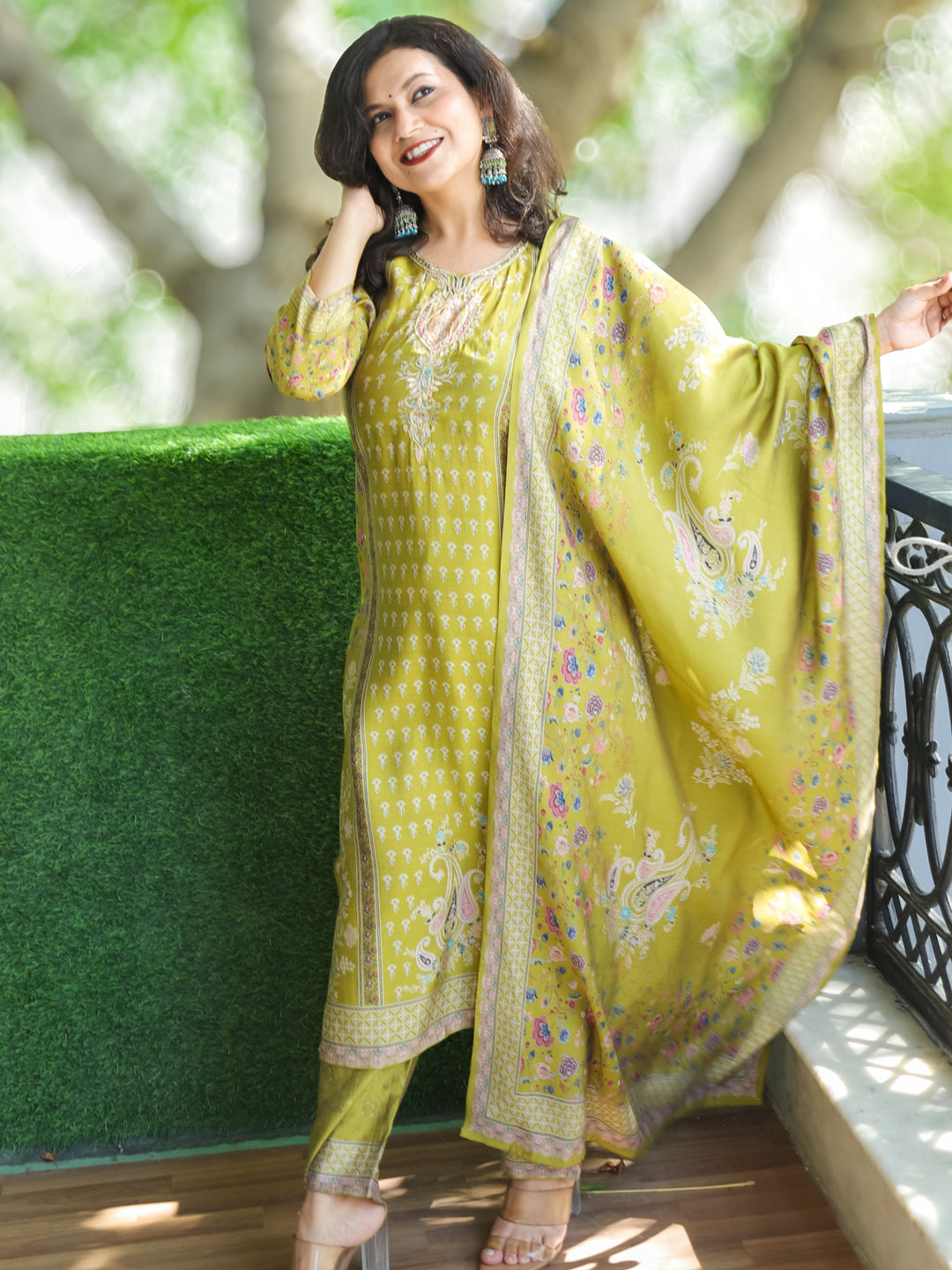 Mayra Olive Green Embellish Neck Work in Panel with Floral Printed Modal 3 Piece Set