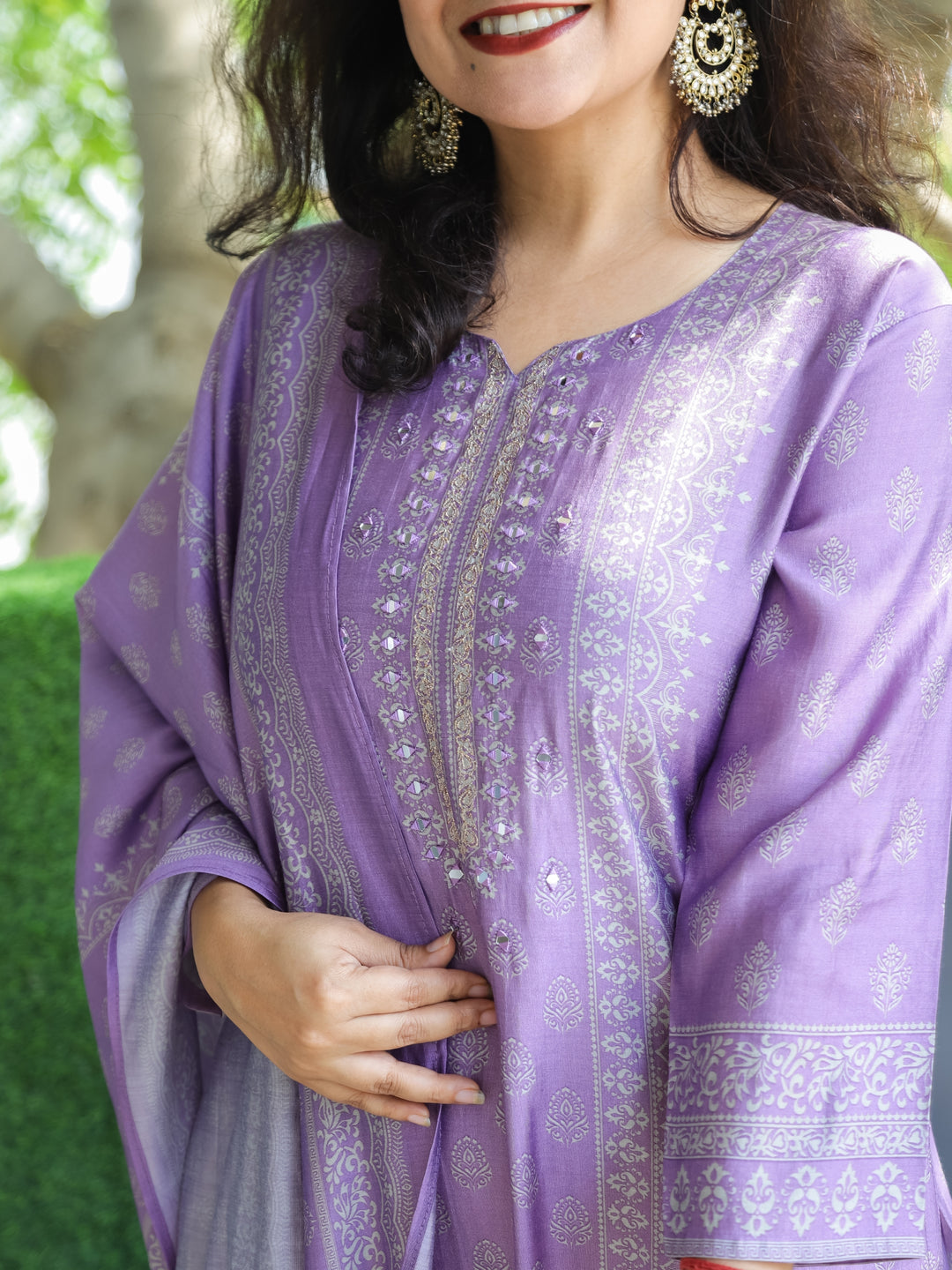 Mayra Lilly Lavender All Over Floral Printed with Mirror Work Modal 3 Piece Set