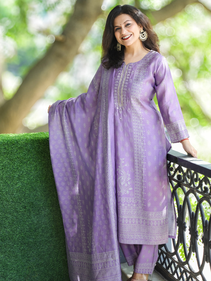 Mayra Lilly Lavender All Over Floral Printed with Mirror Work Modal 3 Piece Set