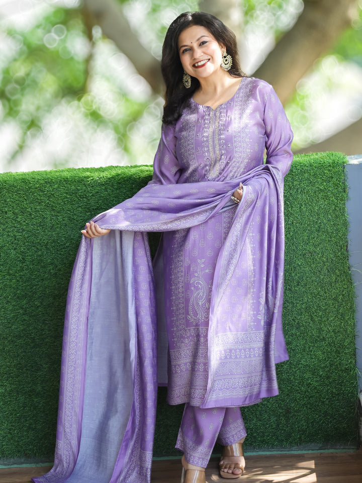 Mayra Lilly Lavender All Over Floral Printed with Mirror Work Modal 3 Piece Set