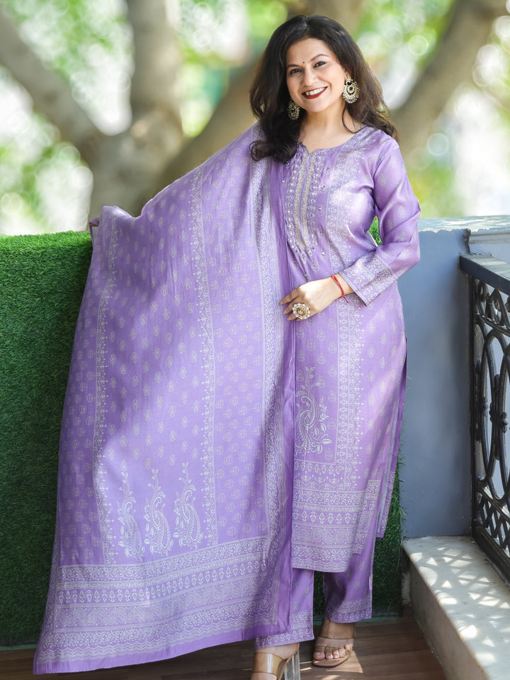 Mayra Lilly Lavender All Over Floral Printed with Mirror Work Modal 3 Piece Set