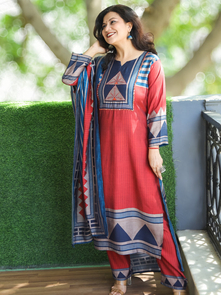 Mayra Cherry Red Thread with Mirror Detailing Printed Yoke Modal 3 Piece Set