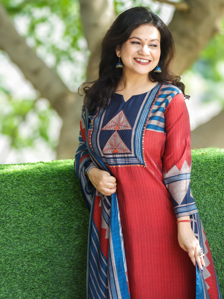 Mayra Cherry Red Thread with Mirror Detailing Printed Yoke Modal 3 Piece Set