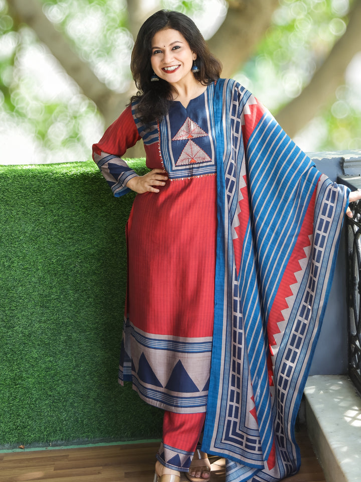 Mayra Cherry Red Thread with Mirror Detailing Printed Yoke Modal 3 Piece Set