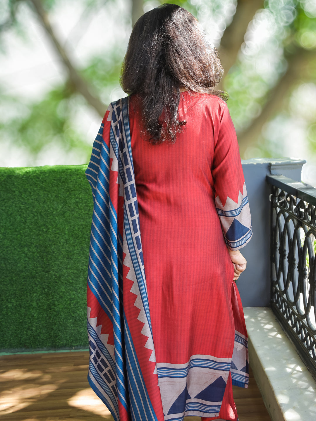 Mayra Cherry Red Thread with Mirror Detailing Printed Yoke Modal 3 Piece Set