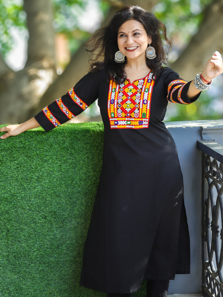 Dolida Ebony Black Kutchi Mirror and Thread Embroidery Neck Work Cotton Kurti