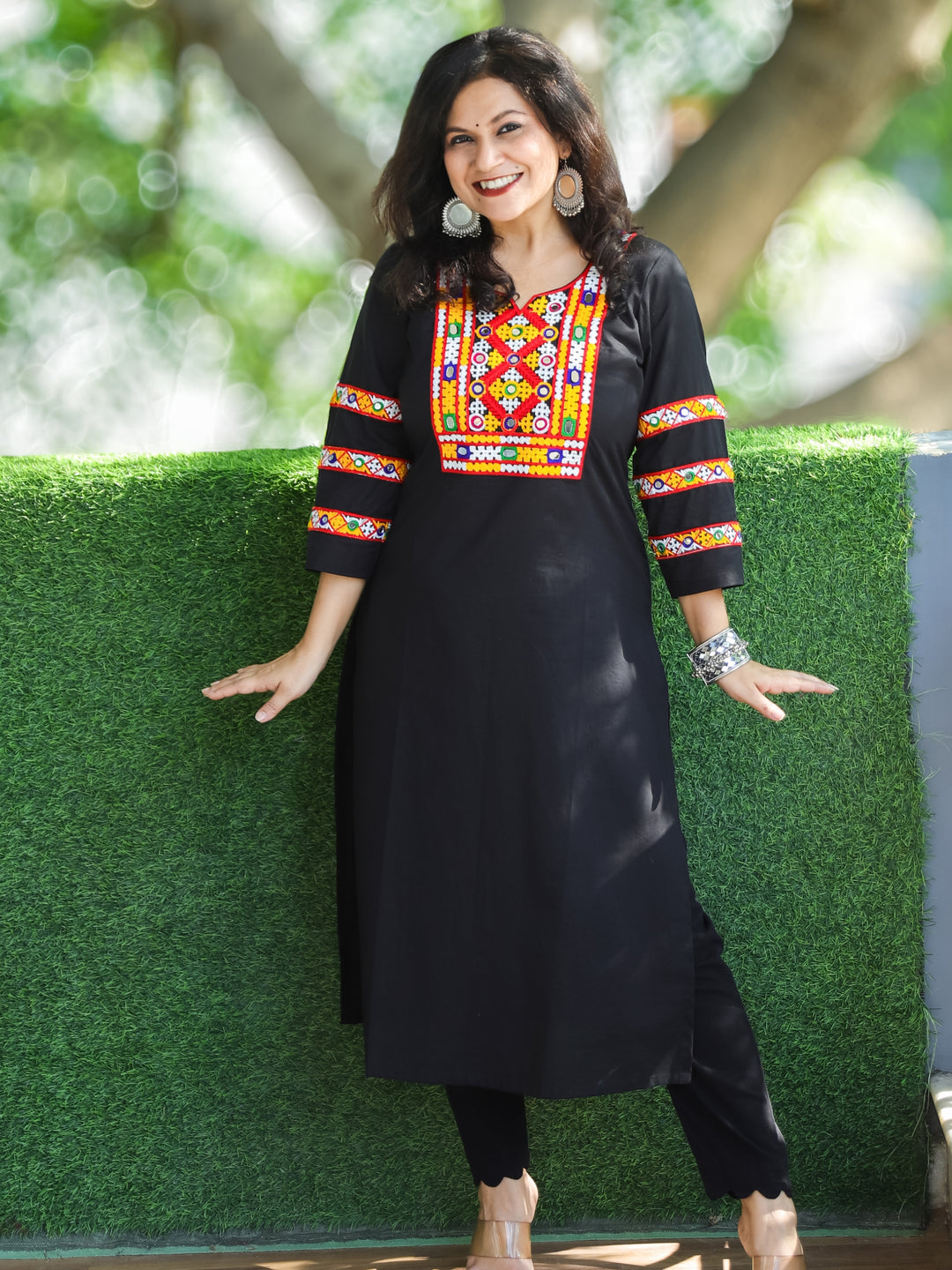 Dolida Ebony Black Kutchi Mirror and Thread Embroidery Neck Work Cotton Kurti