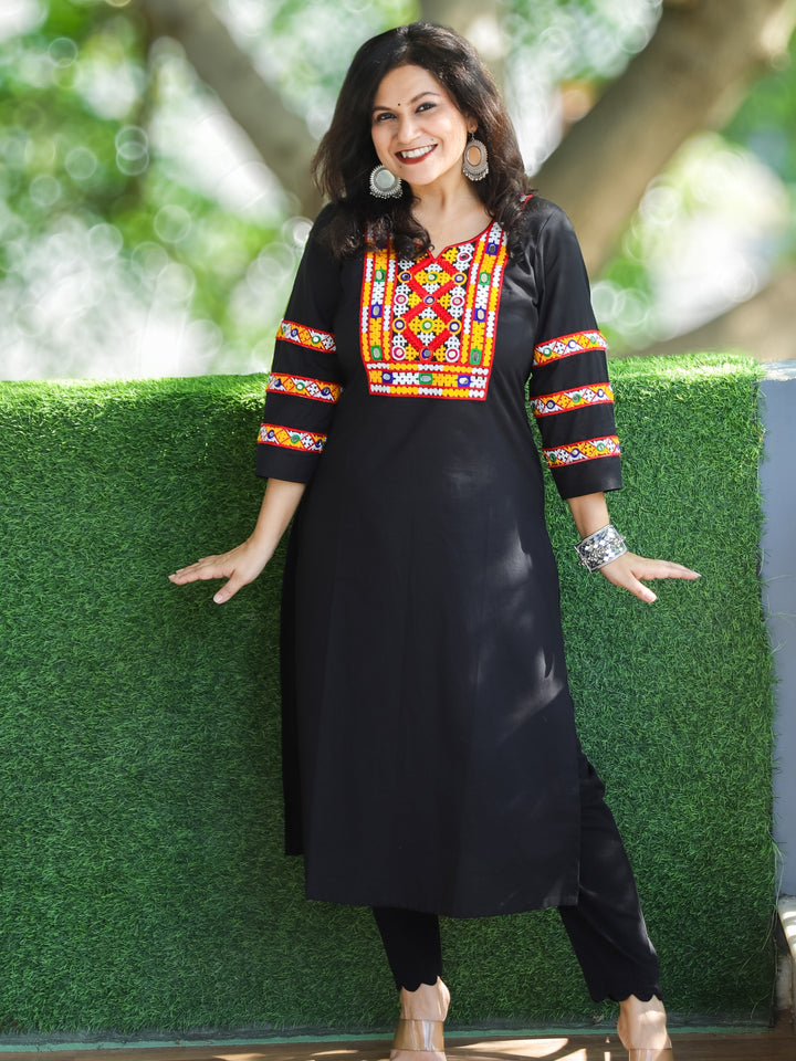 Dolida Ebony Black Kutchi Mirror and Thread Embroidery Neck Work Cotton Kurti