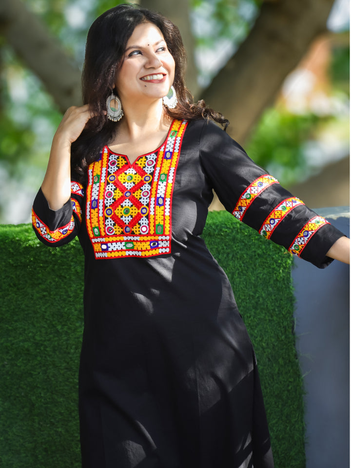 Dolida Ebony Black Kutchi Mirror and Thread Embroidery Neck Work Cotton Kurti