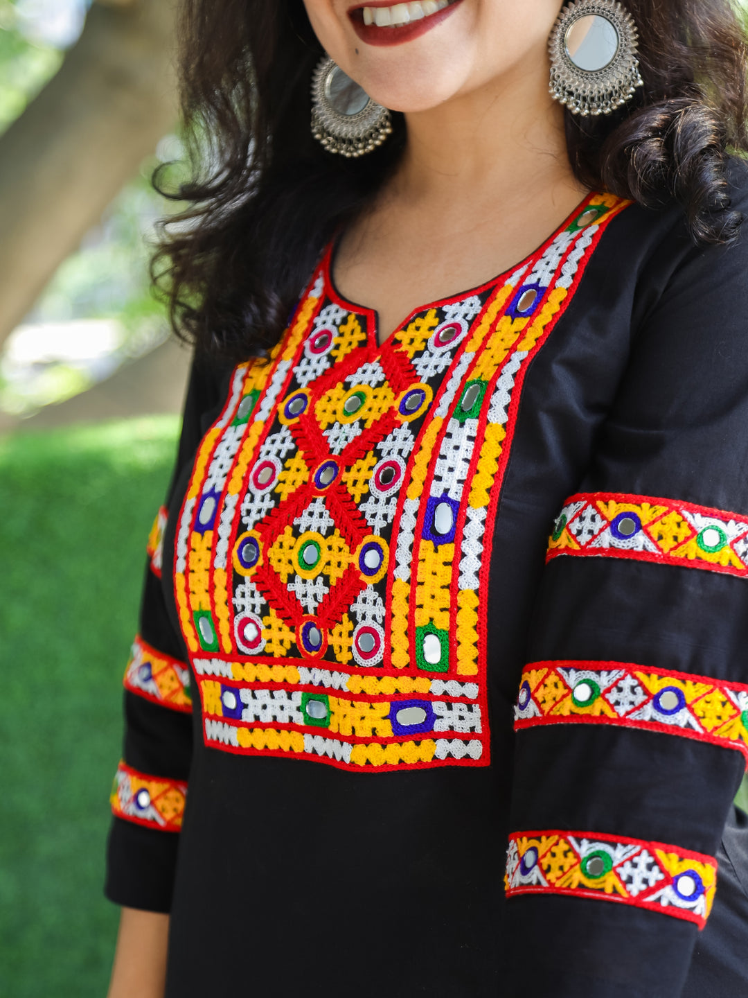 Dolida Ebony Black Kutchi Mirror and Thread Embroidery Neck Work Cotton Kurti