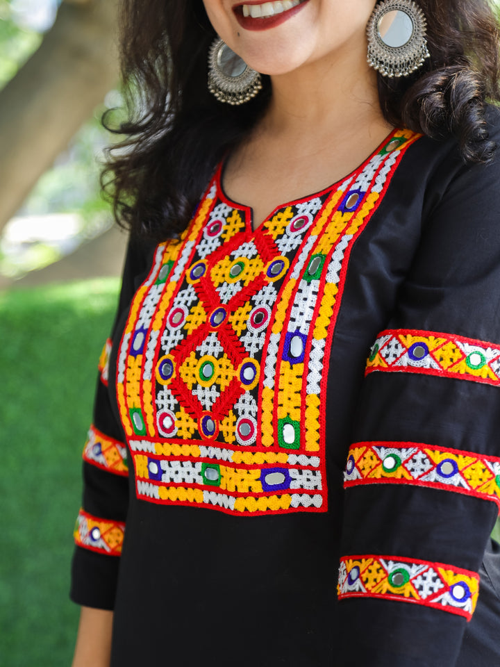 Dolida Ebony Black Kutchi Mirror and Thread Embroidery Neck Work Cotton Kurti