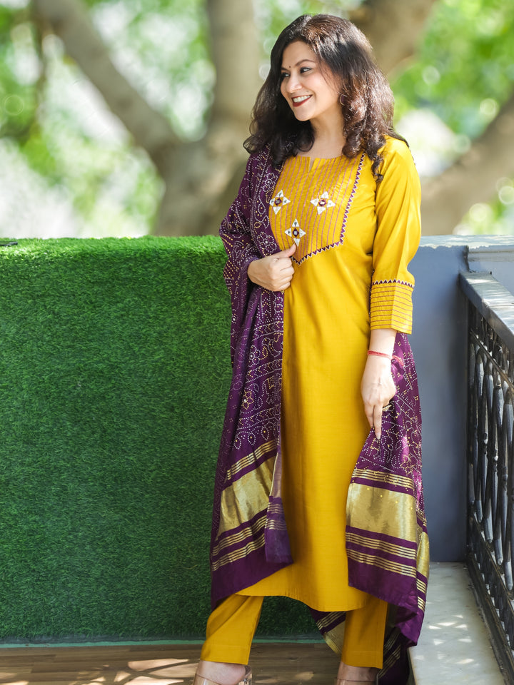 Mayra Turmeric Yellow Thread Embroidered Neck with Mirror Work Roman Silk 3 Piece Set