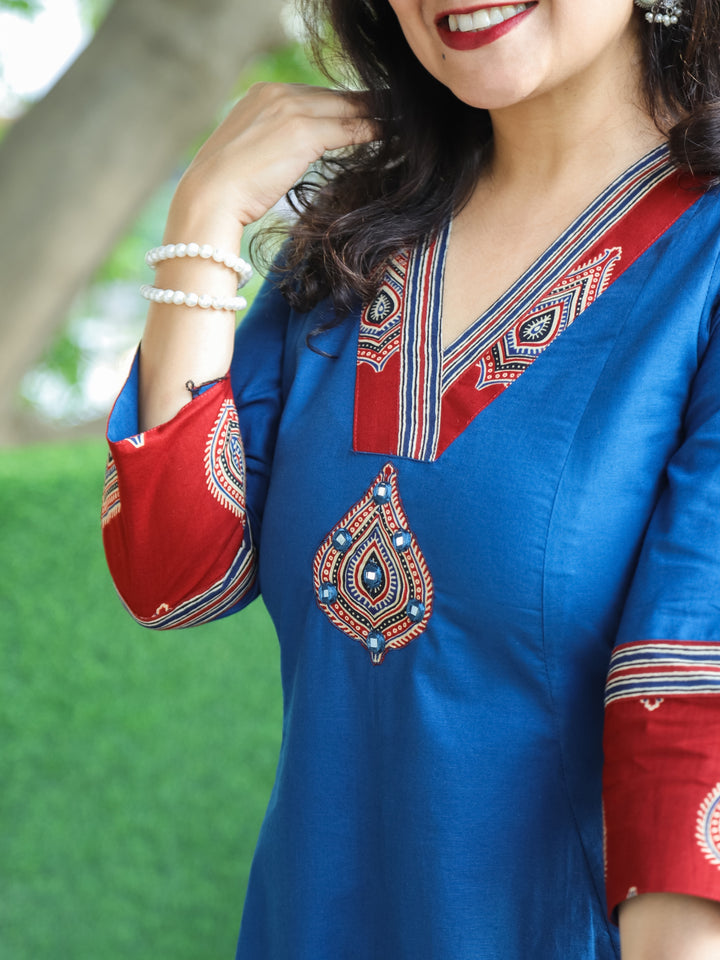 Rivaazi Denim Blue V Neck and Mirror Patch in Printed Hemline Anarkali Cotton Kurti