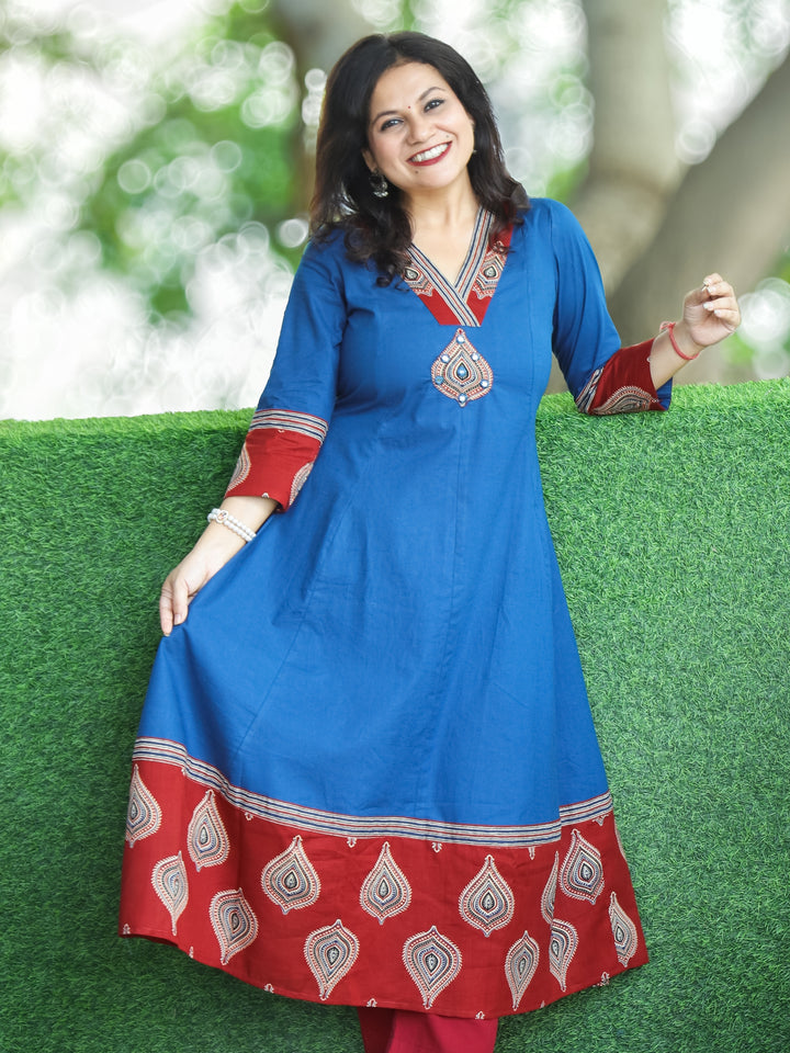 Rivaazi Denim Blue V Neck and Mirror Patch in Printed Hemline Anarkali Cotton Kurti