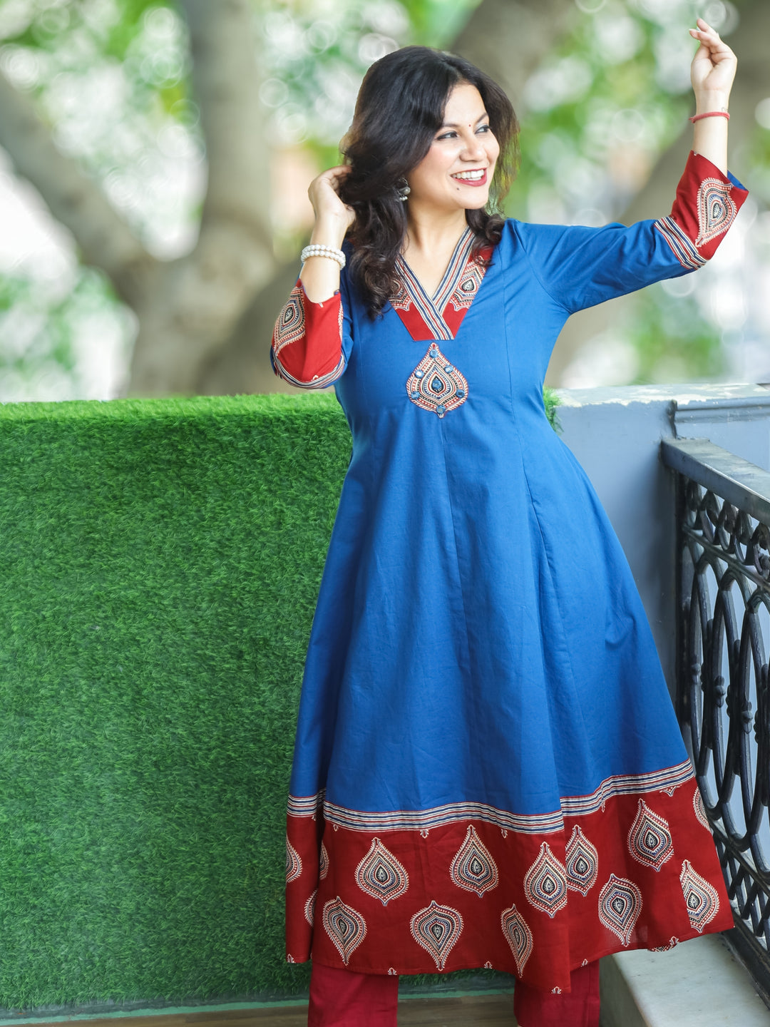 Rivaazi Denim Blue V Neck and Mirror Patch in Printed Hemline Anarkali Cotton Kurti