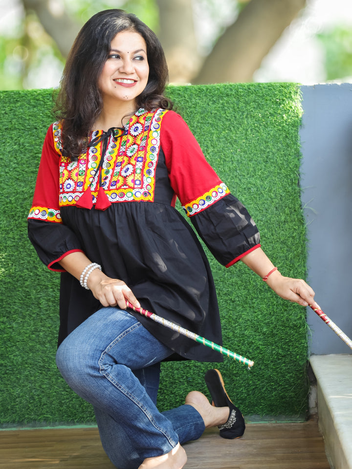 Navrang Raven Black Kutchi Mirror and Thread Work with Knot Peplum Short Cotton Kurti