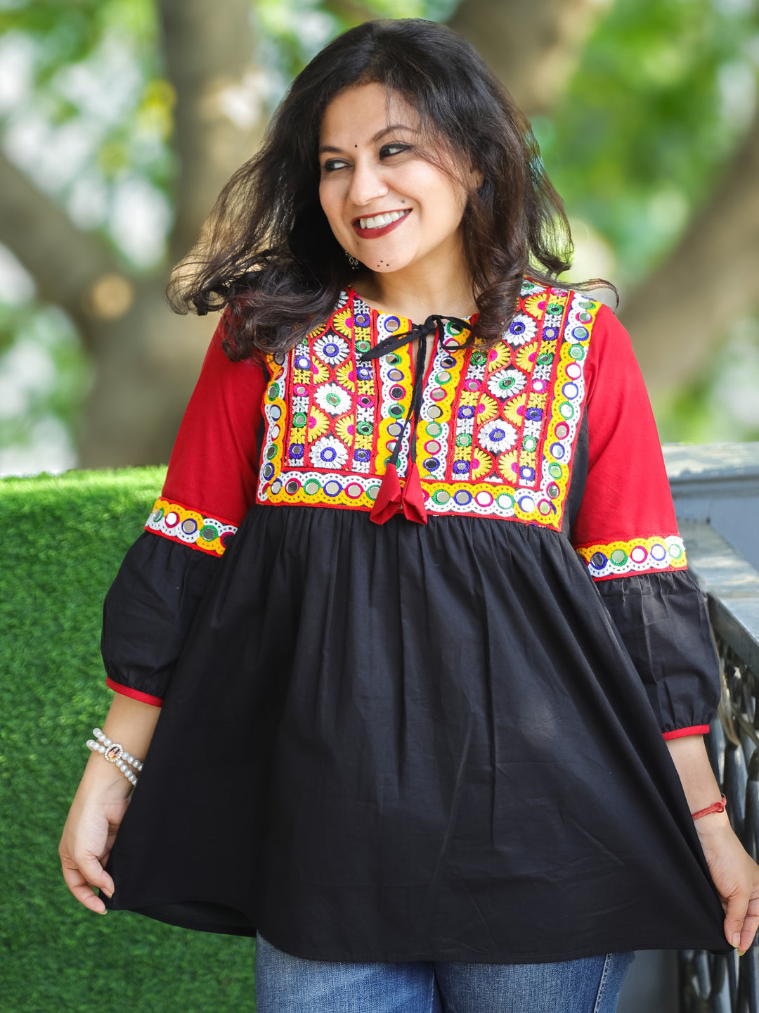 Navrang Raven Black Kutchi Mirror and Thread Work with Knot Peplum Short Cotton Kurti