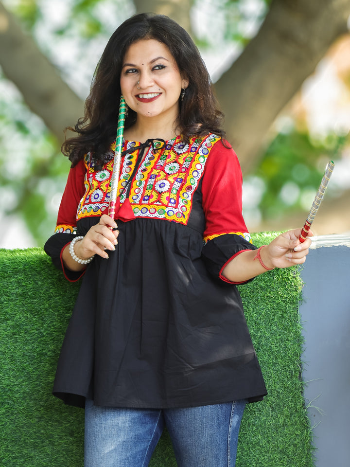 Navrang Raven Black Kutchi Mirror and Thread Work with Knot Peplum Short Cotton Kurti