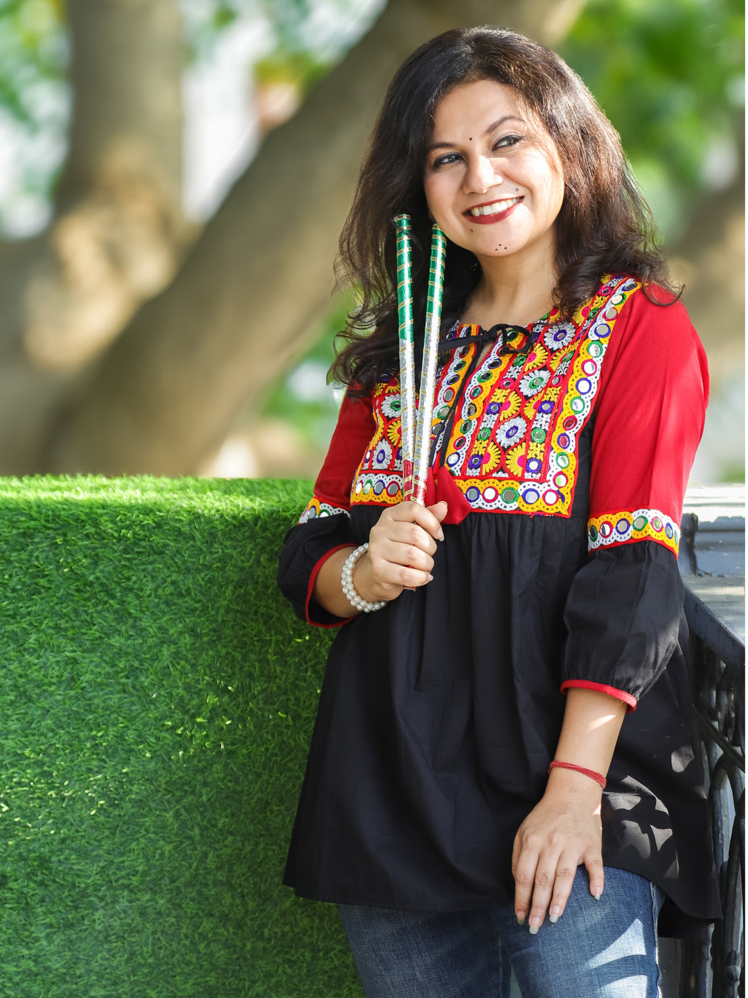 Navrang Raven Black Kutchi Mirror and Thread Work with Knot Peplum Short Cotton Kurti