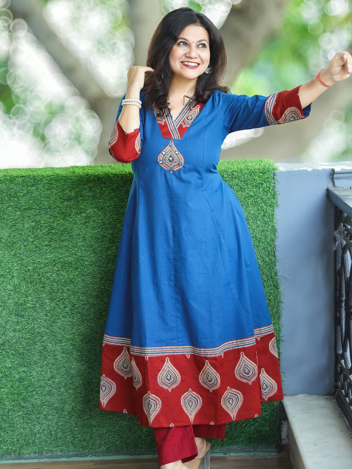 Rivaazi Denim Blue V Neck and Mirror Patch in Printed Hemline Anarkali Cotton Kurti