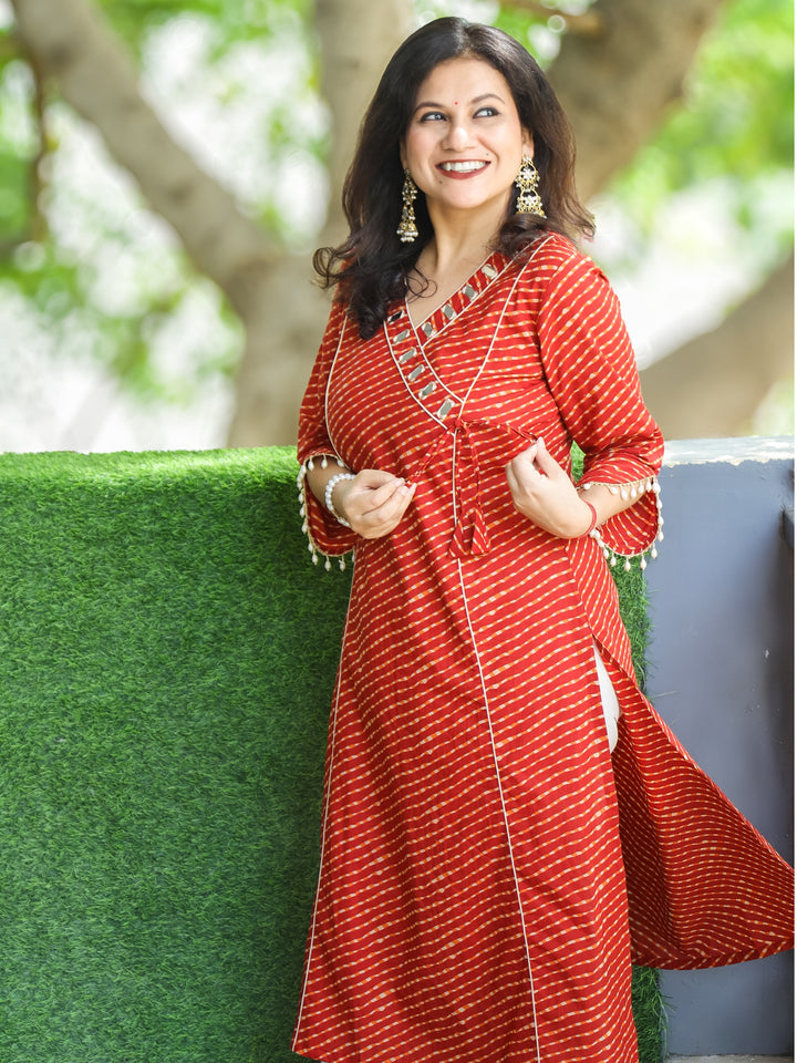 Lehar Autumn Orange Angrakha Neck with Mirror in leheriya Print Cotton Kurti