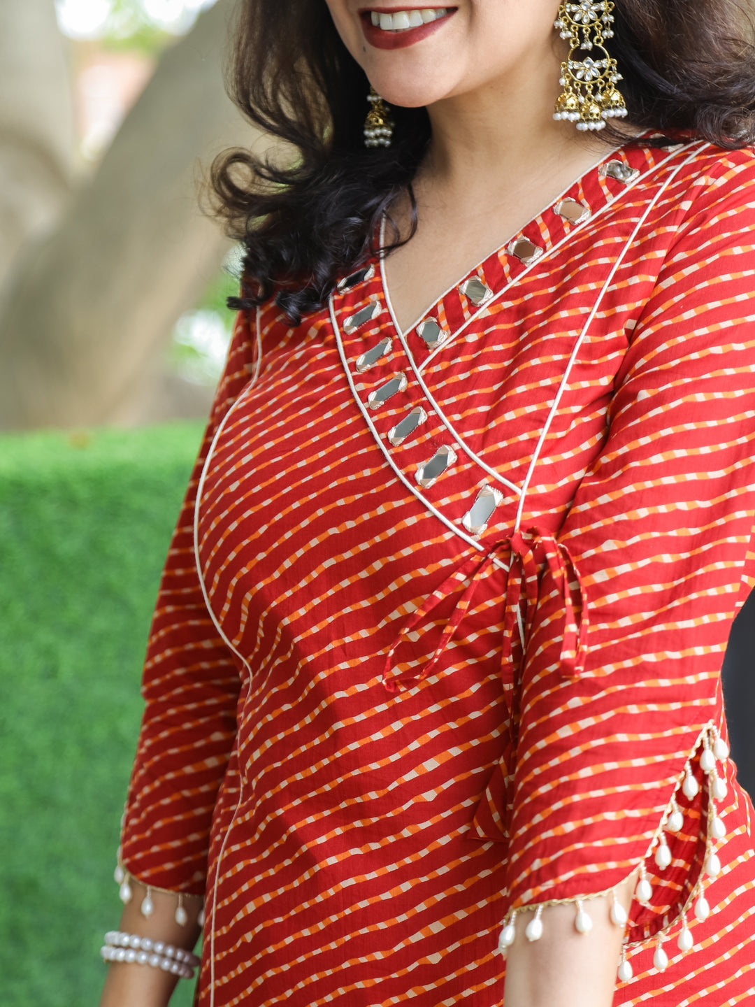 Lehar Autumn Orange Angrakha Neck with Mirror in leheriya Print Cotton Kurti