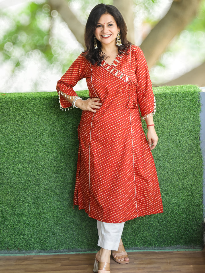 Lehar Autumn Orange Angrakha Neck with Mirror in leheriya Print Cotton Kurti