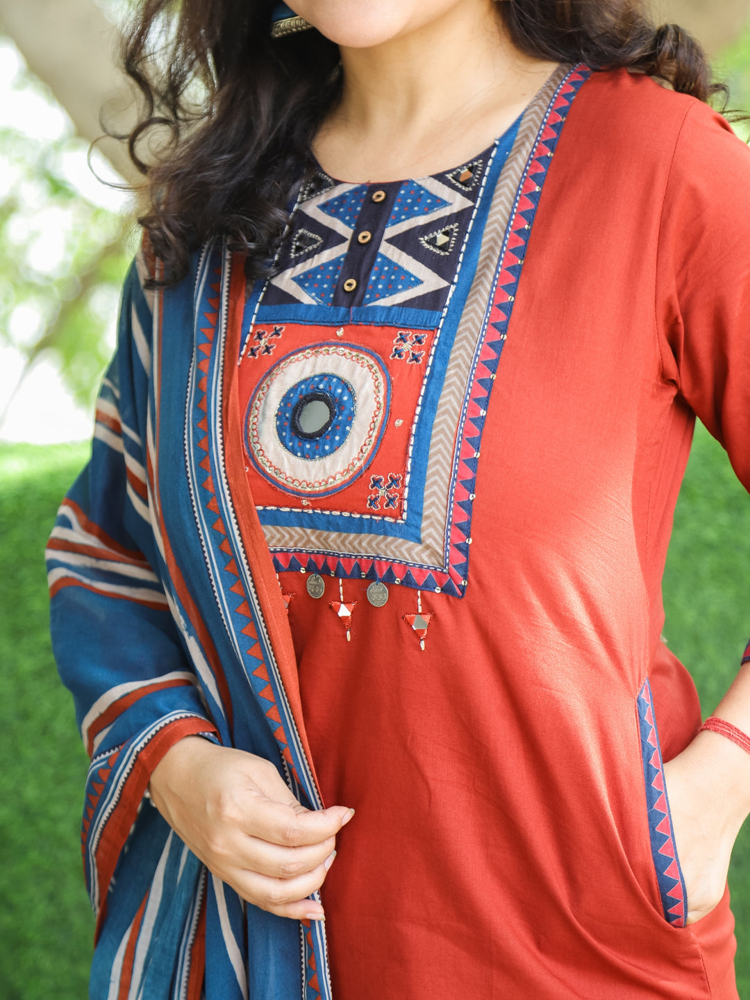 Phoolan Barn Red Printed Yoke with Mirror and Coin Hanging Cotton 3 Piece Set with Pocket