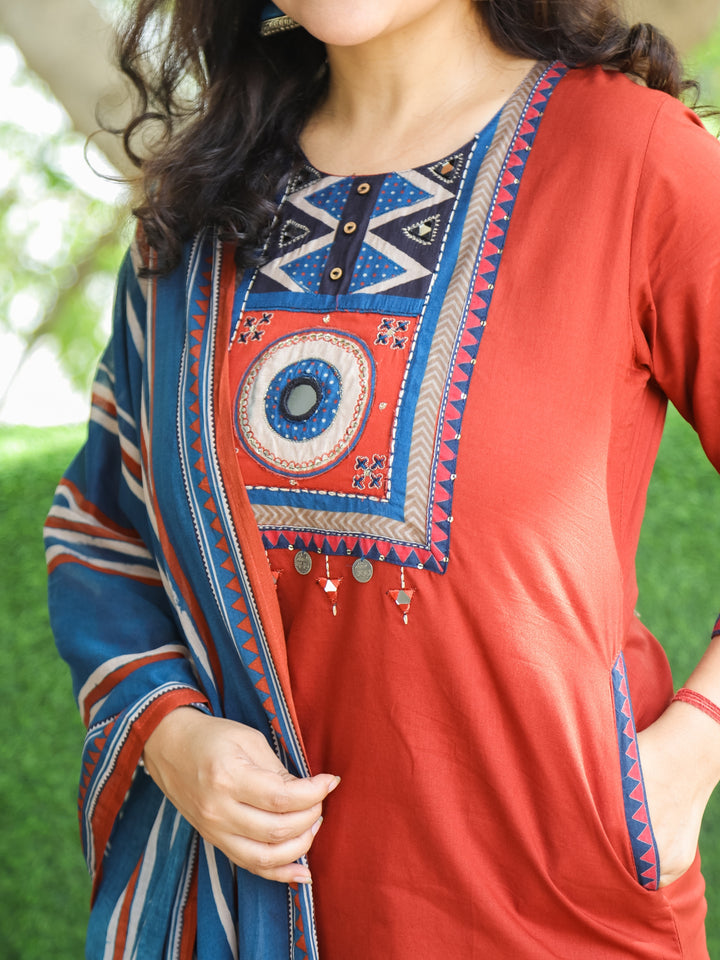 Phoolan Barn Red Printed Yoke with Mirror and Coin Hanging Cotton 3 Piece Set with Pocket
