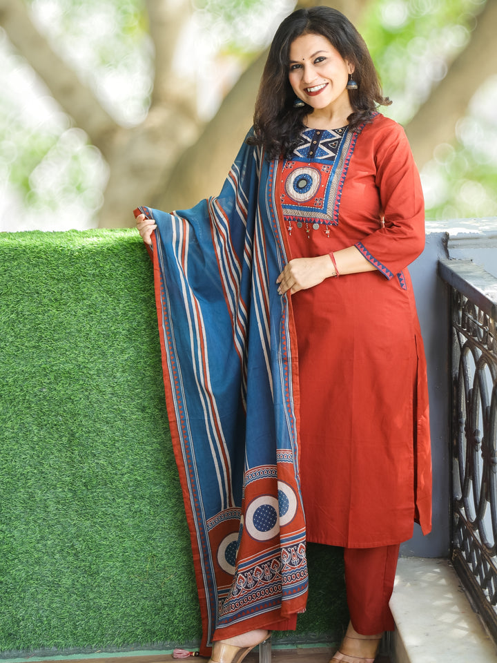 Phoolan Barn Red Printed Yoke with Mirror and Coin Hanging Cotton 3 Piece Set with Pocket