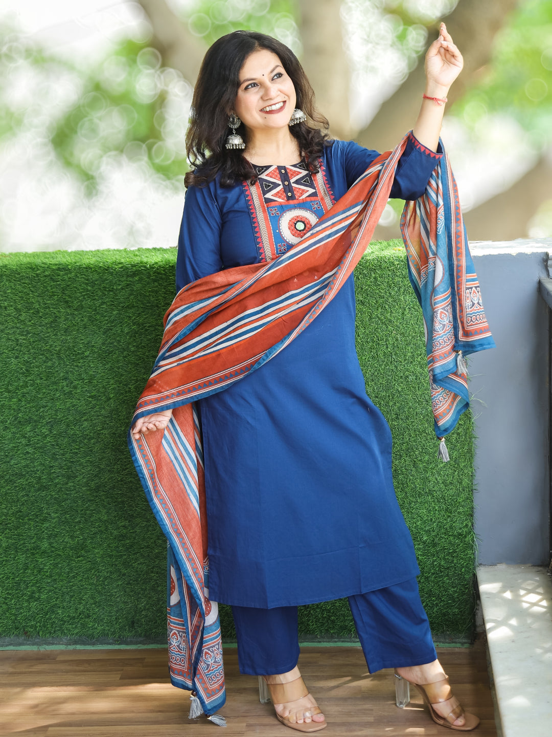 Phoolan Blue Printed Yoke with Mirror and Coin Hanging Cotton 3 Piece Set with Pocket