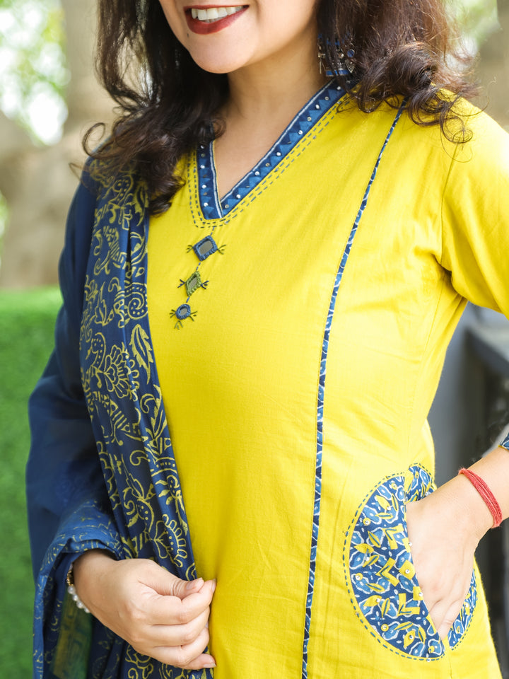 Phoolan Lime Yellow V Neck Lace and Mirror Work with Pocket Cotton 3 Piece Set