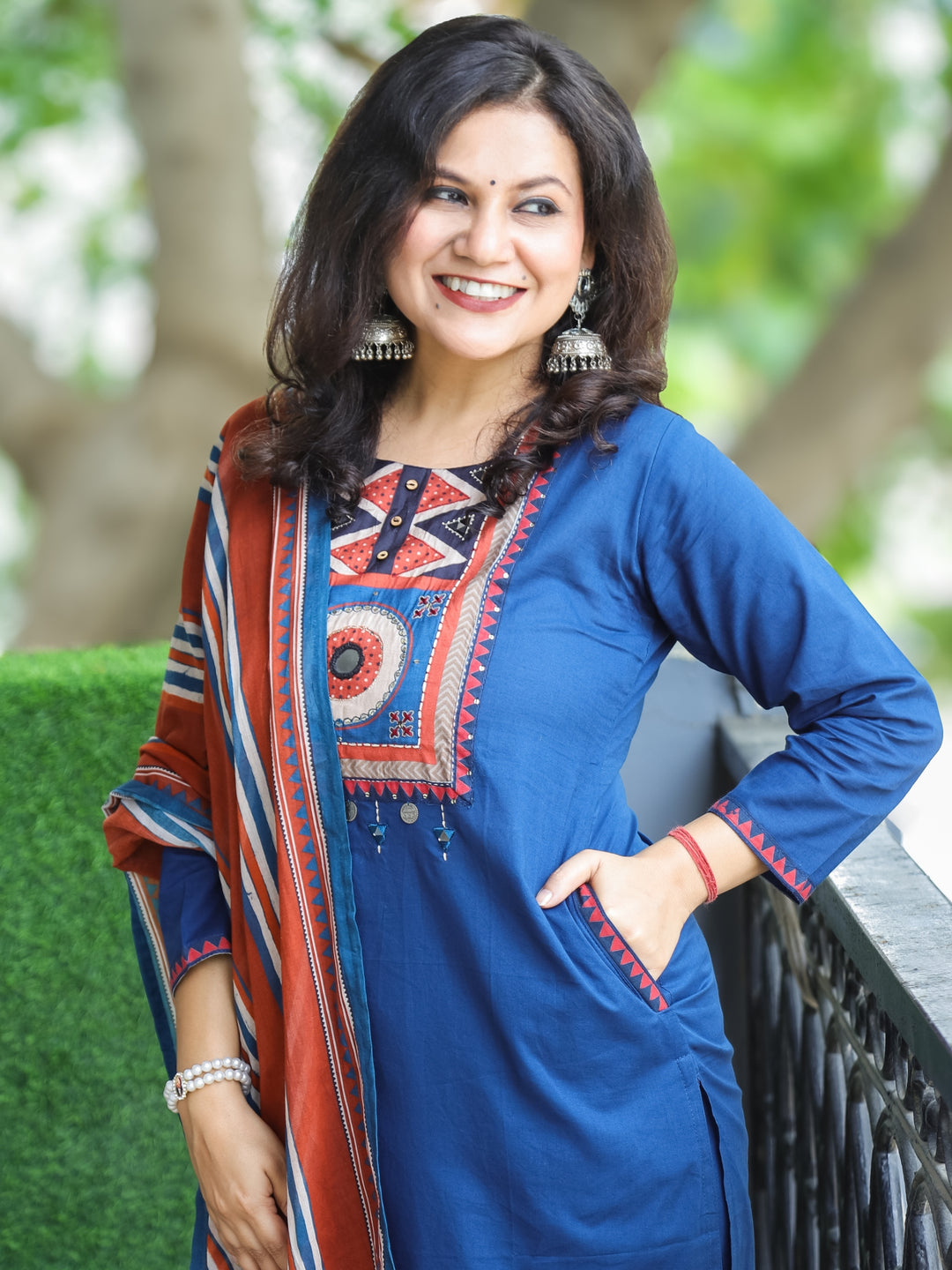 Phoolan Blue Printed Yoke with Mirror and Coin Hanging Cotton 3 Piece Set with Pocket