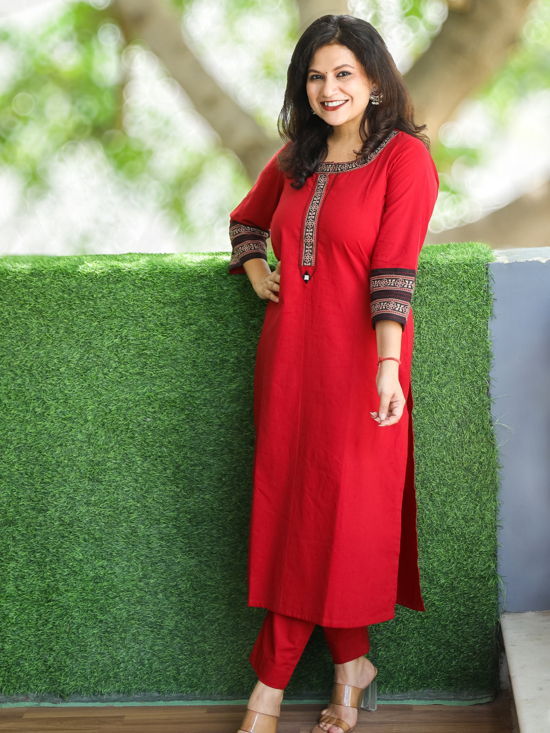 Khalasi Maroon Red Round Neck Work Cotton 2 Piece Set with Embroidered Jacket