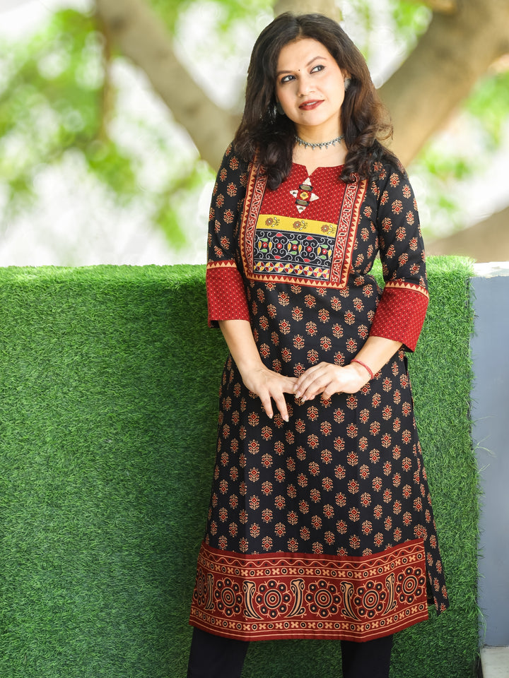 Mohini Raven Black Kutch Mirror Yoke with Embroidery Gamthi Print Cotton Kurti-D3