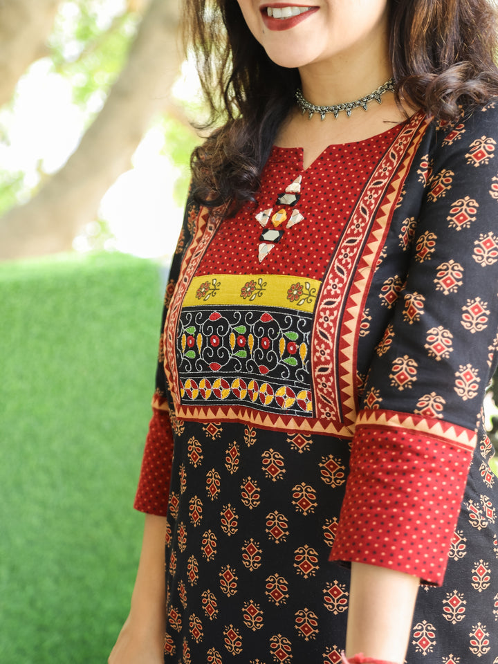 Mohini Raven Black Kutch Mirror Yoke with Embroidery Gamthi Print Cotton Kurti-D3
