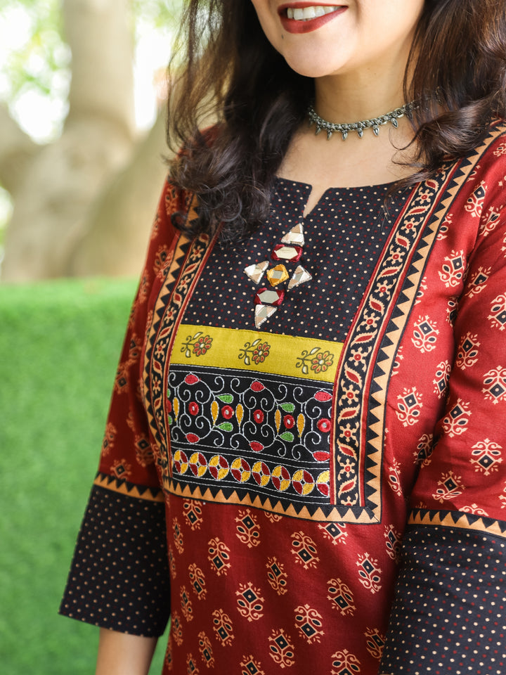 Mohini Maroon Red Kutch Mirror Yoke with Embroidery Gamthi Print Cotton Kurti-D3