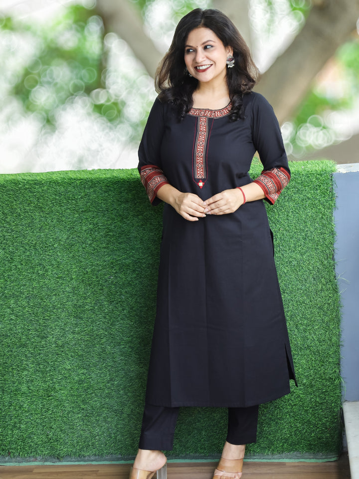 Khalasi Night Black Round Neck Work Cotton 2 Piece Set with Embroidered Jacket