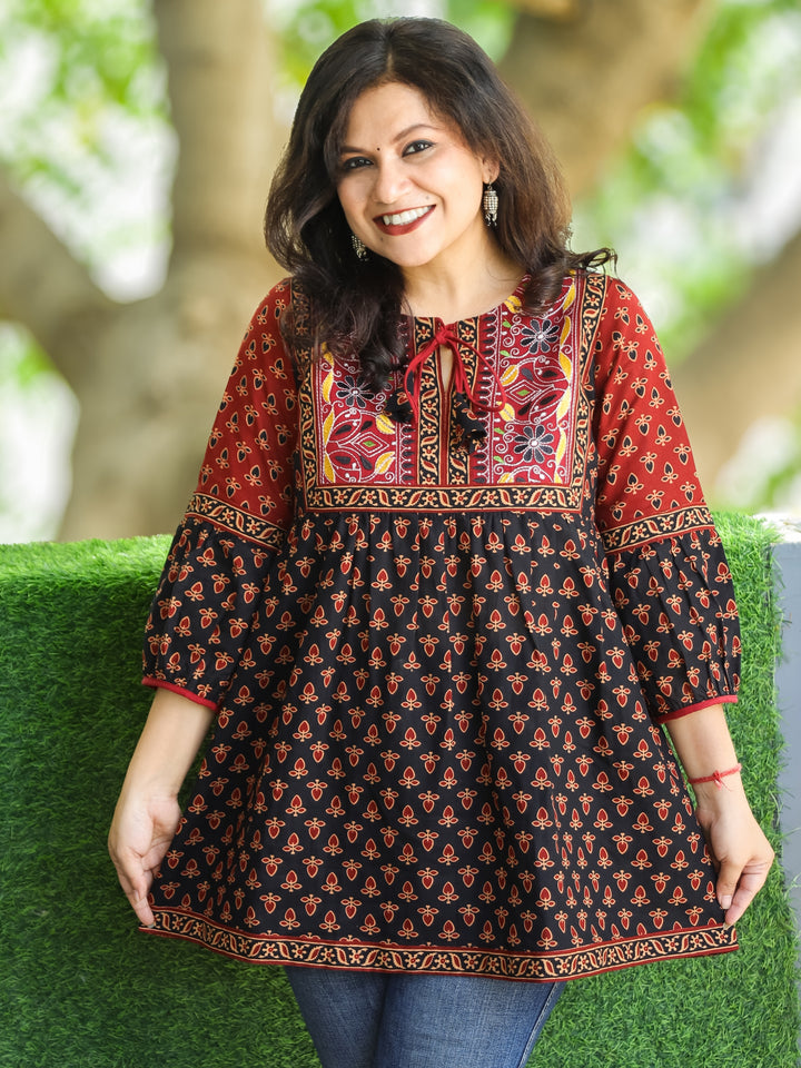 Paro Faded Black Kutch Patch with Knot Ajrak Printed Peplum Short Cotton Kurti