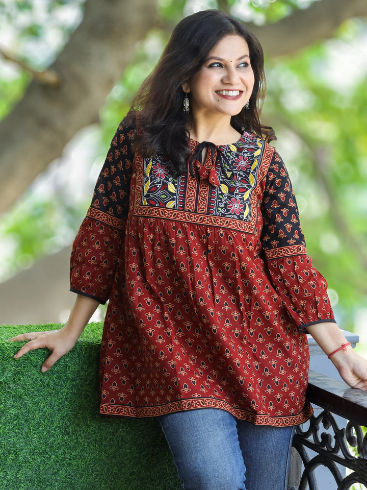 Paro Maroon Red Kutch Patch with Knot Ajrak Printed Peplum Short Cotton Kurti