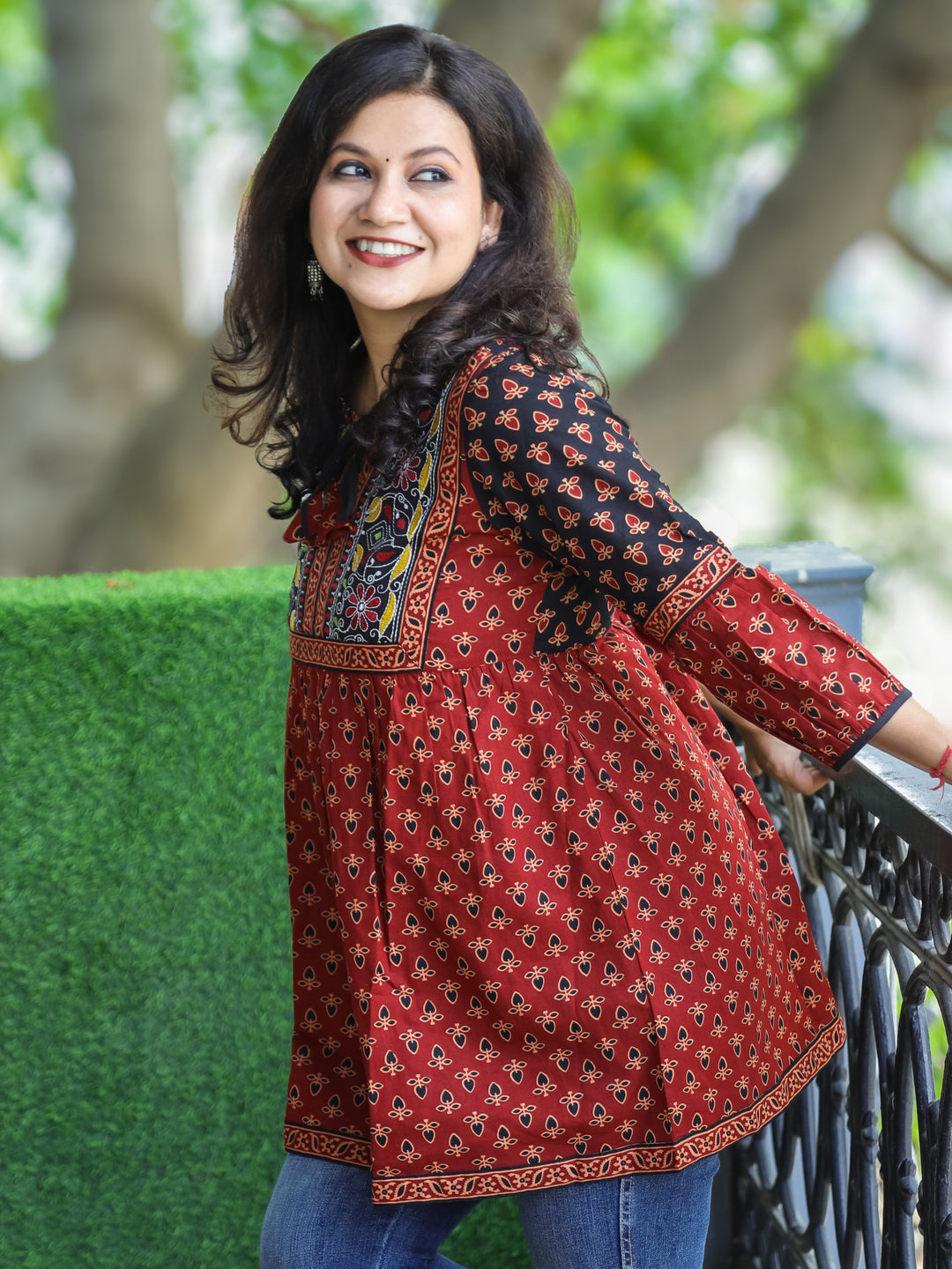 Paro Maroon Red Kutch Patch with Knot Ajrak Printed Peplum Short Cotton Kurti