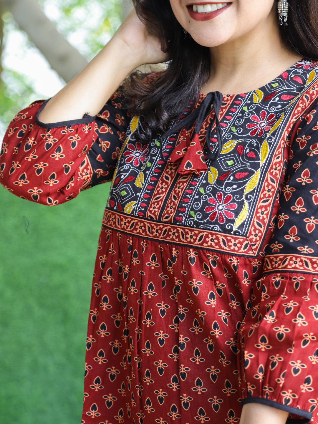 Paro Maroon Red Kutch Patch with Knot Ajrak Printed Peplum Short Cotton Kurti