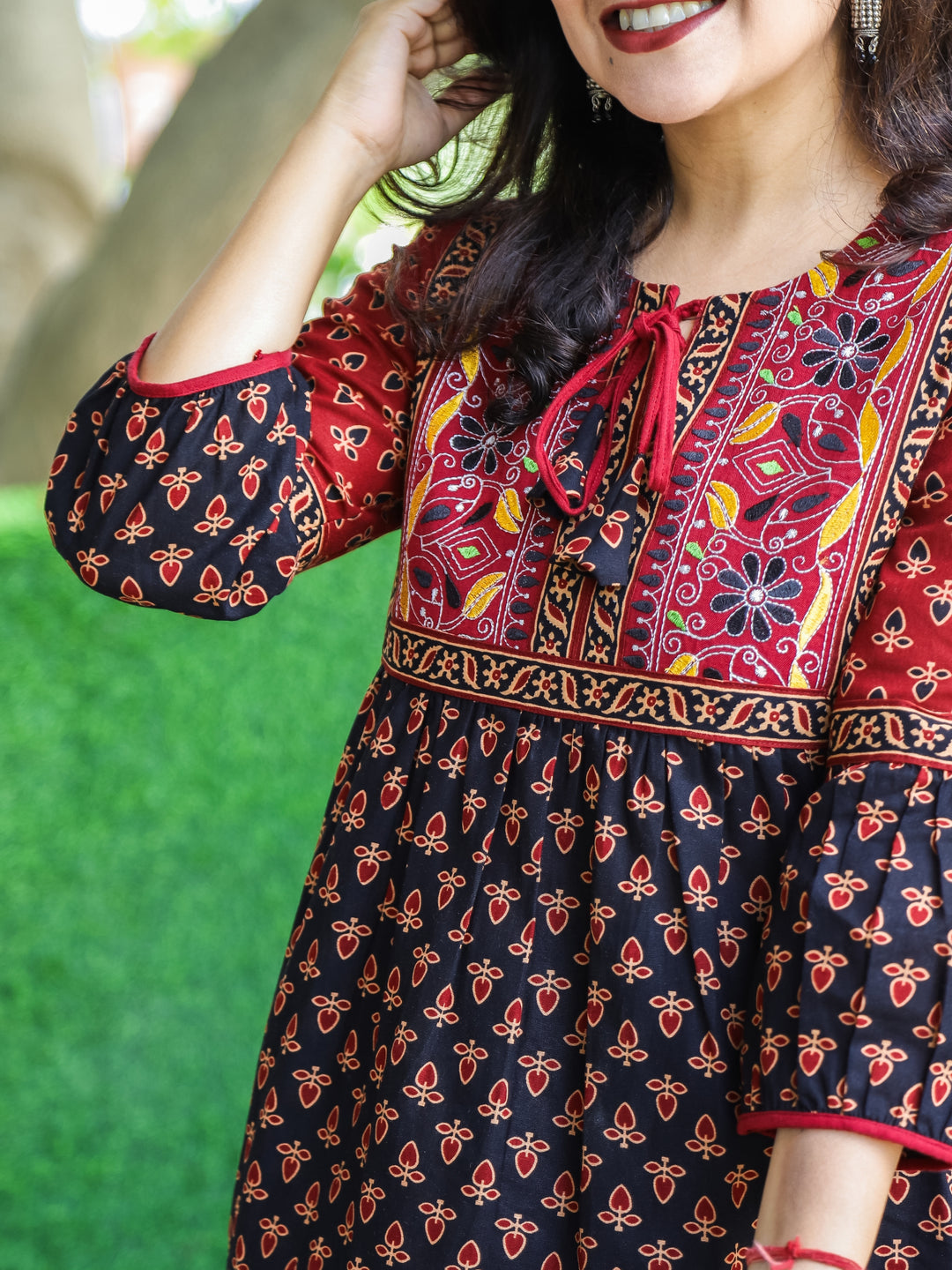 Paro Faded Black Kutch Patch with Knot Ajrak Printed Peplum Short Cotton Kurti