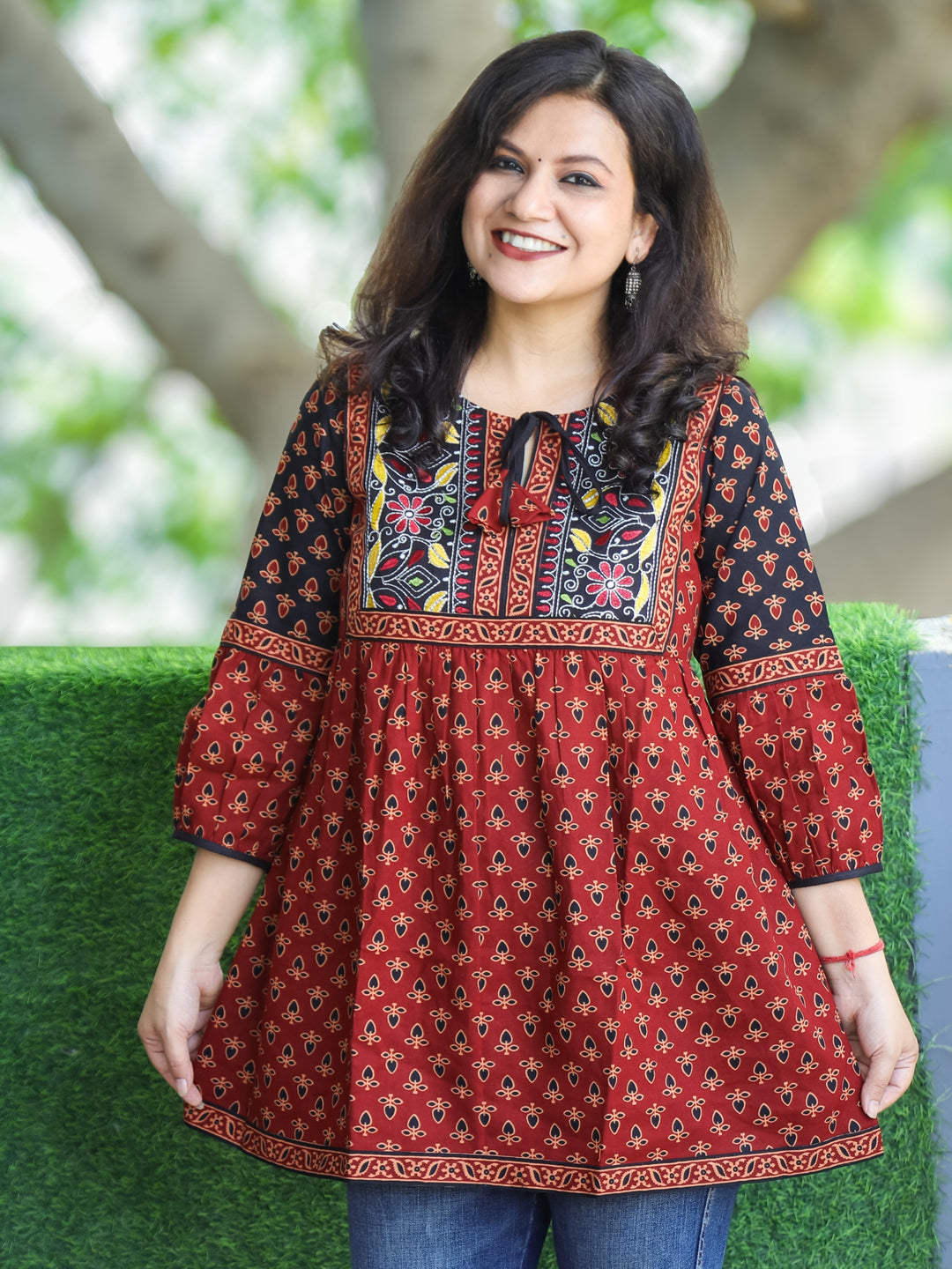 Paro Maroon Red Kutch Patch with Knot Ajrak Printed Peplum Short Cotton Kurti