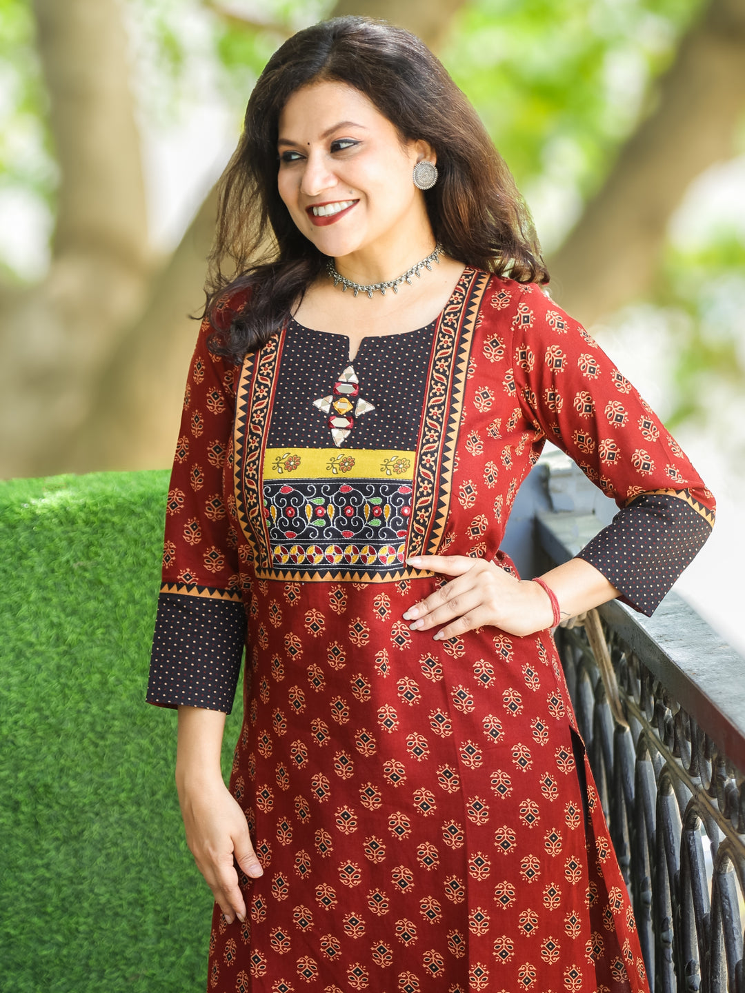 Mohini Maroon Red Kutch Mirror Yoke with Embroidery Gamthi Print Cotton Kurti-D3