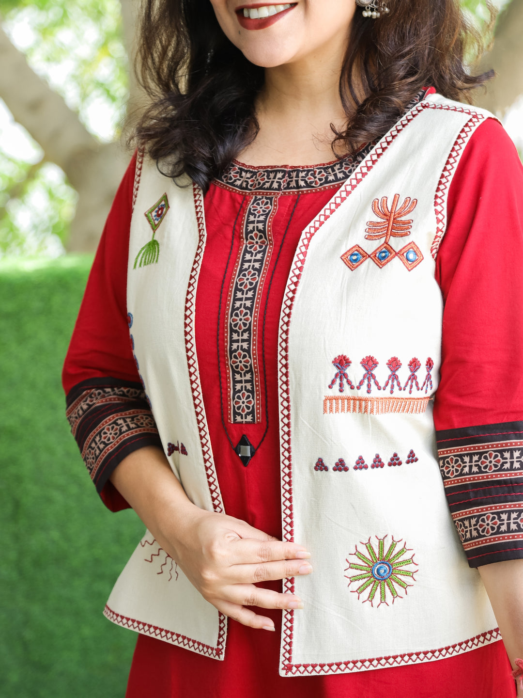 Khalasi Maroon Red Round Neck Work Cotton 2 Piece Set with Beige Embroidered Jacket