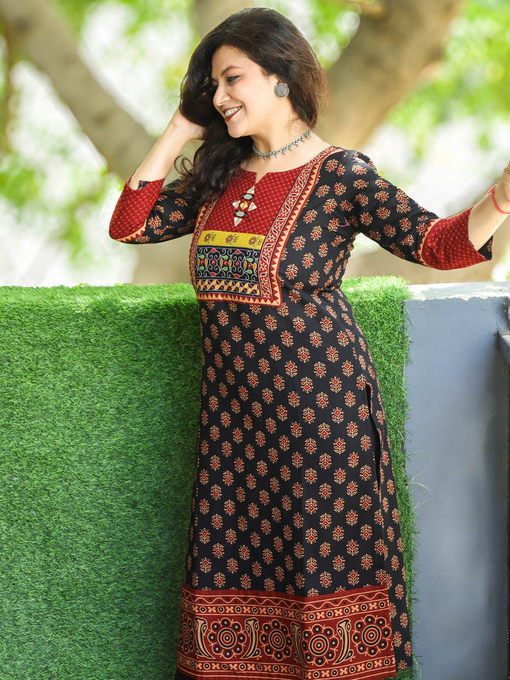 Mohini Raven Black Kutch Mirror Yoke with Embroidery Gamthi Print Cotton Kurti-D3