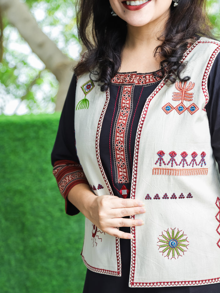 Sejal Shell Beige All Over Embroidered Work Cotton Jacket
