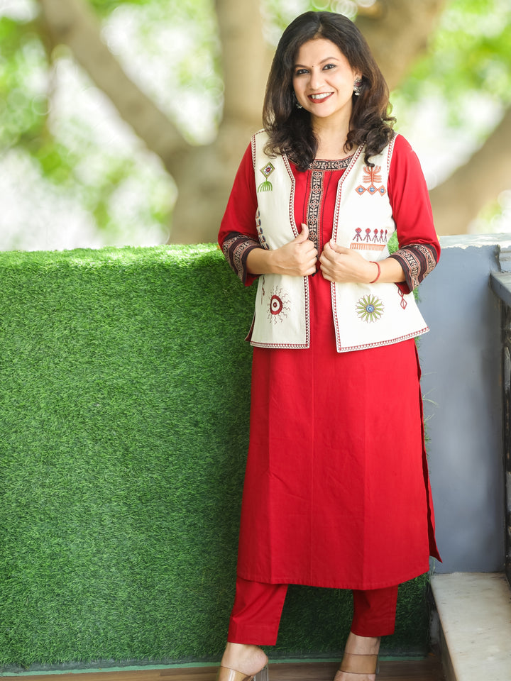 Khalasi Maroon Red Round Neck Work Cotton 2 Piece Set with Beige Embroidered Jacket