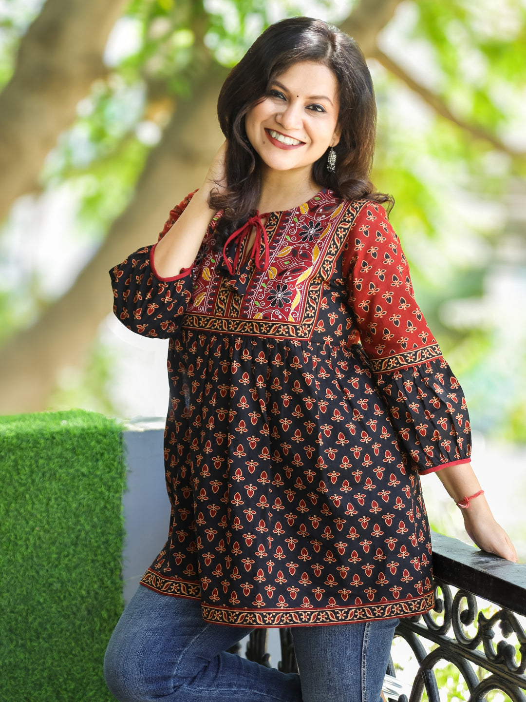 Paro Faded Black Kutch Patch with Knot Ajrak Printed Peplum Short Cotton Kurti